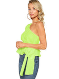 Romwe Women's One Shoulder Short Puff Sleeve Self Belted Solid Blouse Top Neon Lime Large