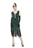 1920s Gatsby Sequin Fringed Paisley Flapper Dress with 20s Accessories Set (L, Green)