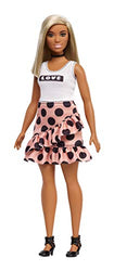 Barbie Fashionistas Doll, Curvy with White Hair, Wearing “Love” Tank Top, Pink Skirt with Ruffles and Polka Dots and Accessories, for 3 to 7 Year Olds