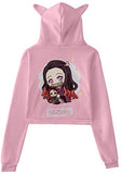 AMOMA Women Girls Anime Demon Slayer Cosplay Kimetsu no Yaiba Cat Ear Hoodie Crop Top Pullover(Medium,Nezuko Pink)