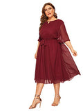 Romwe Women's Plus Size Mesh Elegant Half Ruffle Sleeve Belted Cocktail Party Swing Midi Dress Burgundy 1XL