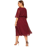 Romwe Women's Plus Size Mesh Elegant Half Ruffle Sleeve Belted Cocktail Party Swing Midi Dress Burgundy 1XL