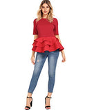 Romwe Women's Vintage Layered Ruffle Hem Slim Fit Round Neck Peplum Blouse Dark Red M