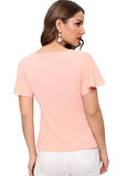 Romwe Women's Summer Ruffle Short Sleeve Slim Fit Casual Blouse Shirts Top Pink L