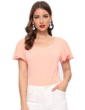 Romwe Women's Summer Ruffle Short Sleeve Slim Fit Casual Blouse Shirts Top Pink L