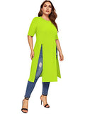 Romwe Women's Casual Plus Split Longline Short Sleeve Round Neck Tee Shirt Tunic Neon Green 2X