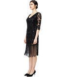 FAIRY COUPLE Women 1920s Elegant Dresses Long Beaded Great Gatsby Flapper Dress with Sleeves for Wedding Gatsby Party with Sleeves D20S032 S Glam Black