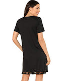 Romwe Women's Summer Short Sleeve Pocket Tassel Hem Loose Tunic T-Shirt Dress Black M