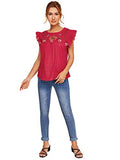 Romwe Women's Sleeveless Floral Embroidery Ruffle Summer Boho Blouse Top Red L