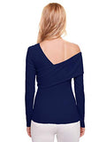 Romwe Women's Casual Cross Off Shoulder Deep V Neck Ribbed Knit Slim Wrap Tee Shirt Blouse Navy Large