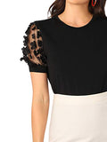 Romwe Women's Summer Short Sleeve Mock Neck Casual Blouse Tops Floral Black Medium