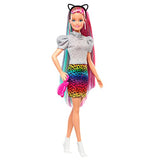 Barbie Leopard Rainbow Hair Doll (Blonde) with Color-Change Hair Feature, 16 Hair & Fashion Play Accessories Including Scrunchies, Brush, Fashion Tops, Cat Ears, Cat Purse & More
