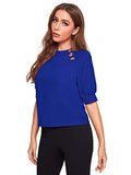 Romwe Women's Puff Sleeve Casual Solid Top Buttons Side Blouse Shirt Blue S