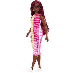 Barbie Fashionistas Doll #186, Curvy, Crimson Braids, Sleeveless Love Dress, Hoop Earrings, Toy for Kids 3 to 8 Years Old