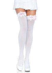 Leg Avenue Women's Satin Bow Accent Thigh Highs, White/Light Pink, One Size