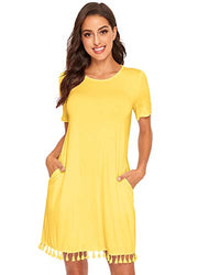 Romwe Women's Summer Short Sleeve Pocket Tassel Hem Loose Tunic T-Shirt Dress Yellow S