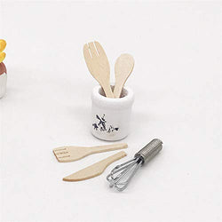 Ouniman Dollhouse Miniatures Wooden Knife Spoon Fork Set with Pottery Holder 1:12 Mini Egg Beater Spatula Kitchen Accessories Kids Cute Doll House Ornaments Cookware Tool Decor -6pcs (Natural Wood)
