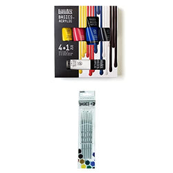 Liquitex BASICS Acrylic Paint Set 4 x 75ml / 1 x 118ml Essentials Set + 6 Short Handle Brushes
