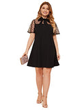 Romwe Women's Plus Size Contrast Mesh Short Sleeve Bow Tie Neck A-Line Party Dress Black 2X