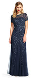 Adrianna Papell Women's Short-Sleeve Beaded Mesh Gown, Navy, 12