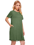 Romwe Women's Summer Short Sleeve Pocket Tassel Hem Loose Tunic T-Shirt Dress Army Green S