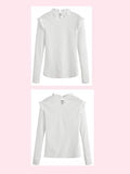 Romwe Women's Stand Collar Slim Fit Frilled Ruffles Shoulder Solid Keyhole Blouse Top White XL