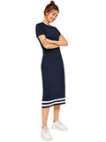Romwe Women's Casual Striped Short Sleeve Solid Midi T-Shirt Dress Blue M