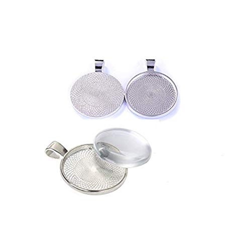 50 Pieces Silver Pendant Trays Round Bezel Round Bezel with 50 Pieces Glass Round Dome Tiles,