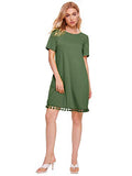 Romwe Women's Summer Short Sleeve Pocket Tassel Hem Loose Tunic T-Shirt Dress Army Green S