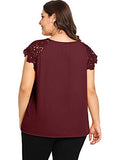Romwe Women's Plus Size Short Sleeve Round Neck Lace Hollow Elegant Blouse Burgundy 1X Plus