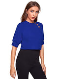 Romwe Women's Puff Sleeve Casual Solid Top Buttons Side Blouse Shirt Blue S