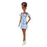 Barbie Fashionistas Doll #185, Black Up-do Hair, Off-Shoulder Bleached Denim Dress, Orange Bandana, White Boots, Toy for Kids 3 to 8 Years Old