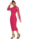 Romwe Women's Long Mesh Bishop Sleeve Mock Neck Zipper Back Elegant Slim Fit Pencil Sheath Dress Rose Red Medium