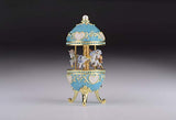 Keren Kopal Teal Musical Carousel with White Royal Horses Wind up Music Box Faberge Style Unique Handmade Musical Gift Idea