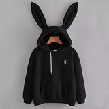 Sunhusing Ladies Cute Rabbit Ear Long Sleeve Hoodie Solid Color Embroidery Pullover Sweater Black