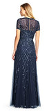 Adrianna Papell Women's Short-Sleeve Beaded Mesh Gown, Navy, 12