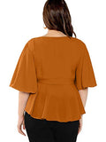 Romwe Women's Plus Size Short Sleeve Deep V Neck Self Belted Casual Peplum Wrap Blouse Orange 2XL