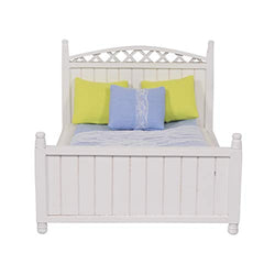 Inusitus Dollhouse Wooden Queen Bed - Miniature Furniture with Bedding and Pillows for The Dolls House - 1/12 Scale (White Wood)