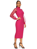 Romwe Women's Long Mesh Bishop Sleeve Mock Neck Zipper Back Elegant Slim Fit Pencil Sheath Dress Rose Red Medium