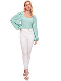Romwe Women's Long Puff Sleeve Square Neck Slim Fit Crop Tops Blouse Sweatshirt New Green Medium