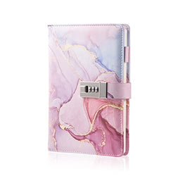 Marble Diary with Lock for Girls and Women, A5 Leather Locked Journal for Teen Girls, Secret Cute Password Lock Notebooks with Pen Holder for Travel Diary Office Notepad (Pink)