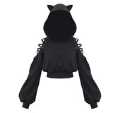 Women Hoodies Long Sleeve Cute Ear Cat Off Shoulder Crop Top Pullover Sweatshirt Black