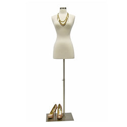 (JF-F2/4W+BS-05) Size 2-4 Premium White Female Fully Pinnable Mannequin Dress Form with Rectangle Brushed Metal Base with Neck Top