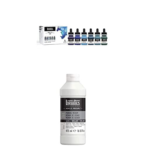 Liquitex Professional Pouring Medium + Acylic Ink Set, 6 Aqua Colors