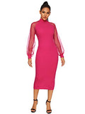 Romwe Women's Long Mesh Bishop Sleeve Mock Neck Zipper Back Elegant Slim Fit Pencil Sheath Dress Rose Red Medium