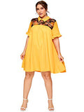 Romwe Women's Plus Size Floral Lace Short Sleeve Summer Beach Swing Tunic Dress Yellow 4X
