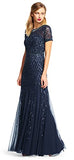 Adrianna Papell Women's Short-Sleeve Beaded Mesh Gown, Navy, 12