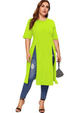 Romwe Women's Casual Plus Split Longline Short Sleeve Round Neck Tee Shirt Tunic Neon Green 2X