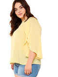 Romwe Women's Plus Size 3/4 Short Overlap Sleeve Boat Neck Chiffon Summer Blouse Top Yellow 3XL