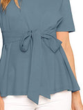 Romwe Women's Casual Self Tie Summer Round Neck Short Sleeve Blouse Tops Blue# X-Small